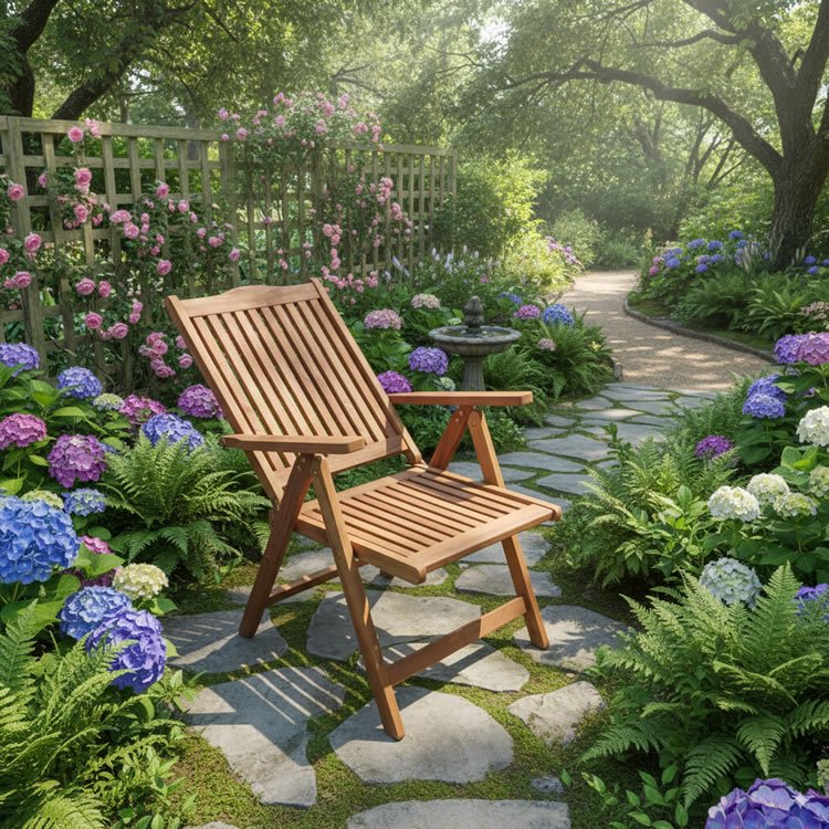 Silla reclinable fabricado en madera TECA.