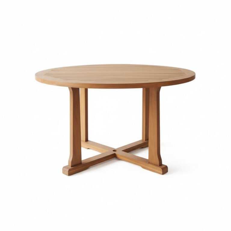 Mesa redonda de teca 120x120 cm | Base pedestal para 6 personas